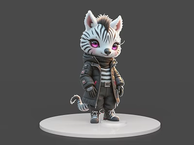 Game Movie Character Zebra Cat With Pink Eyes Black Coat Striped Shirt On White Base 3d model