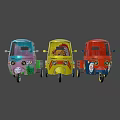 Vibrant Purple Yellow Red Three Wheeled Motorcycles With Hand Painted Designs And Unique Faces