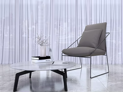 Modern Gray Leisure Chair With Metal Frame Side Glass Coffee Table Vase Books Laptop Curtain 3d model