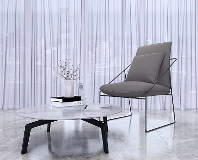 Modern Gray Leisure Chair With Metal Frame Side Glass Coffee Table Vase Books Laptop Curtain 3d model