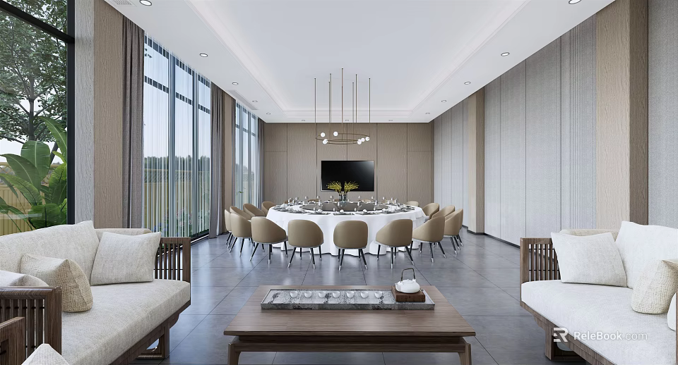 Elegant Private Dining Room Interior With Round Table Sofa And Large Windows 3d model 