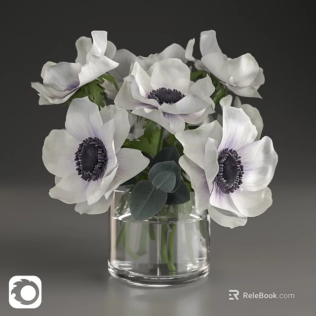 Elegant Decorative Ornament Set With White Flowers Purple Centers Green Leaves And Clear Glass Vase 3d model 