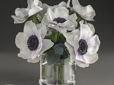 Elegant Decorative Ornament Set With White Flowers Purple Centers Green Leaves And Clear Glass Vase 3d model