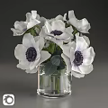 Elegant Decorative Ornament Set With White Flowers Purple Centers Green Leaves And Clear Glass Vase