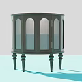 Semicircular Wooden Decorative Cabinet With Glass Doors Vertical Slats And Golden Handles