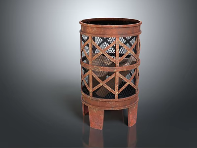 Rustic Metal Trash Can With Grid Pattern Design And Four Legs Structure 3d model
