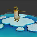 Penguin With Spread Wings On Ice Platform Surrounded By Small Ice Blocks In Blue Water