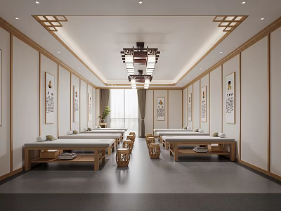 Traditional Chinese Interior With Wooden Tables Hanging Lamps And Wall Paintings 3d model