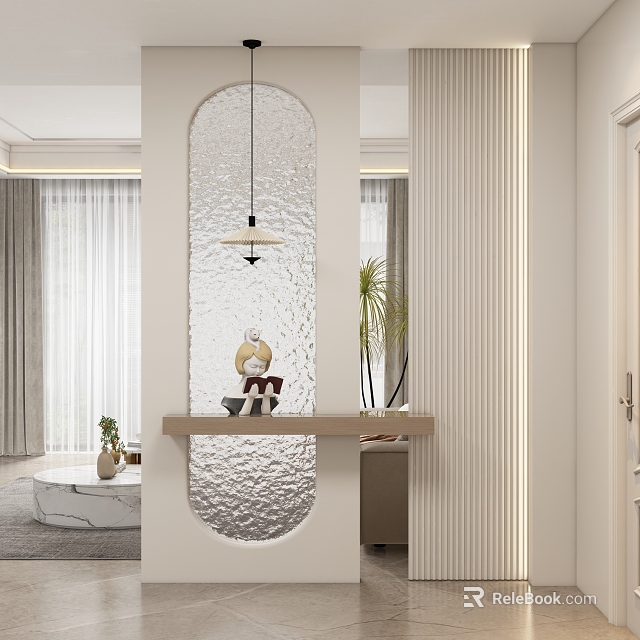 Modern Entryway Hallway Featuring Frosted Glass Partition Hanging Pendant Light Small Decor And Green Plant 3d model 