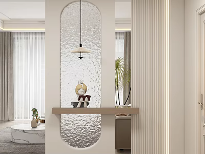 Modern Entryway Hallway Featuring Frosted Glass Partition Hanging Pendant Light Small Decor And Green Plant 3d model