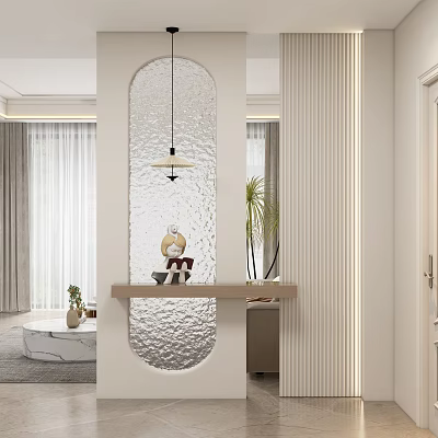 Modern Entryway Hallway Featuring Frosted Glass Partition Hanging Pendant Light Small Decor And Green Plant 3d model