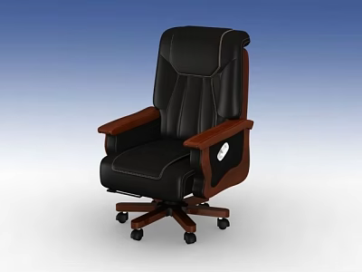 High Back Black Leather Office Chair With Wooden Armrests And Swivel Wheels 3d model