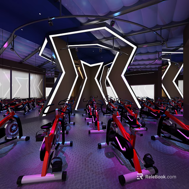 Modern Fitness Gym Interior With Neon Lighting And Spin Bikes Modern Design 3d model 