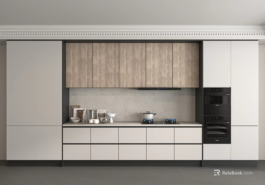 Modern Kitchen Interior With Wooden White Cabinets Counter Pots And Black Oven 3d model 