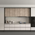 Modern Kitchen Interior With Wooden White Cabinets Counter Pots And Black Oven