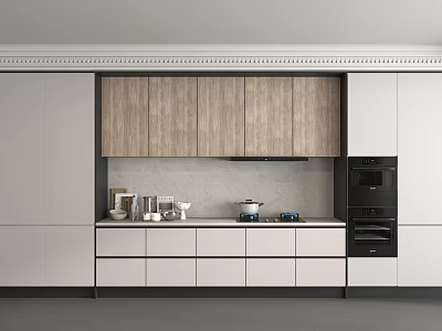 Modern Kitchen Interior With Wooden White Cabinets Counter Pots And Black Oven 3d model