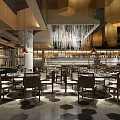 Elegant Modern Restaurant Interior With Chandeliers Dining Tables Booth Seats And Decorative Floor