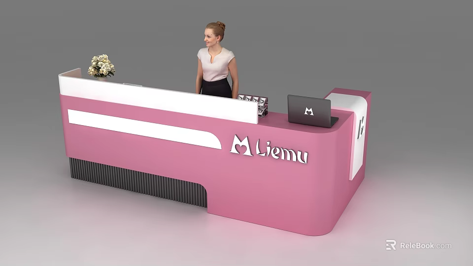 Modern Pink Reception Desk Featuring Liemu Logo Receptionist And Computer 3d model
