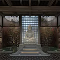 Traditional Chinese Religious Shrine With Tile Roof Wooden Structure By Waterfront Surrounded by Green Trees