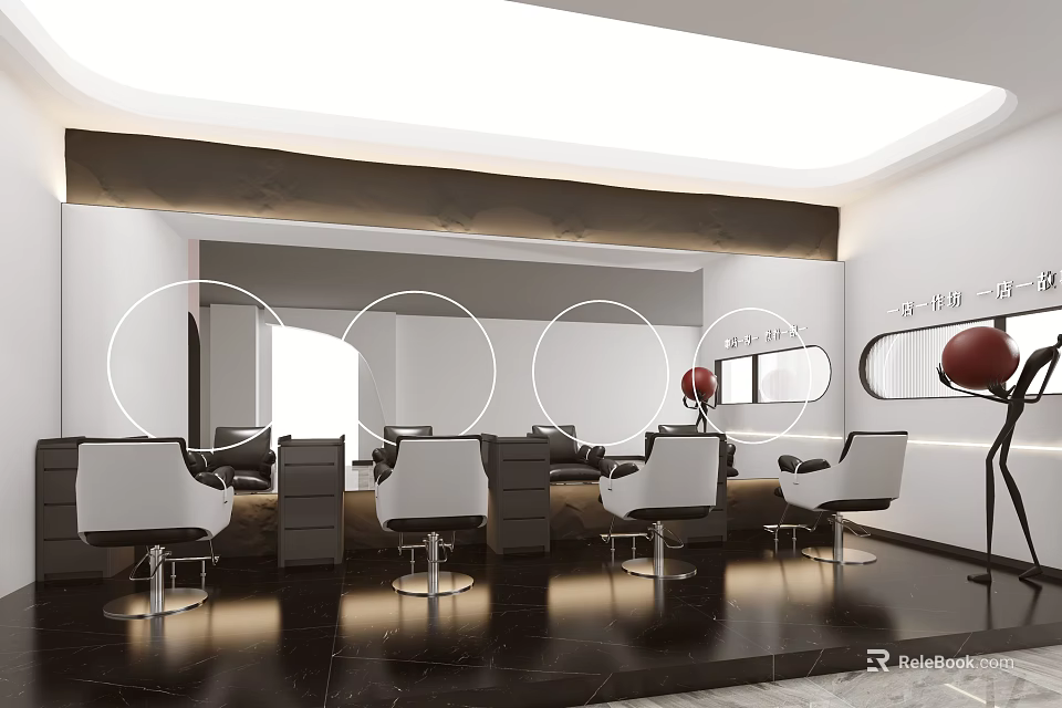 Modern Hair Salon Interior Design With White Styling Chairs Mirrors And Lighting 3d model 