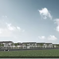 Modern Townhouses Exterior With Green Lawn Trees Distant Mountains And Blue Sky