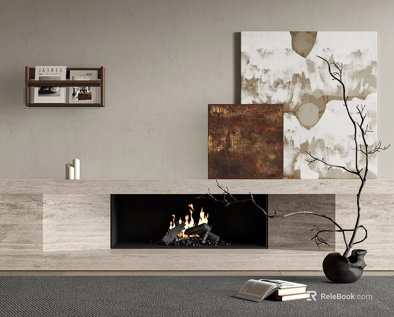 Modern Fireplace Interior With Marble Surround Burning Fire Decorative Paintings Bookshelf And Dried Branch Decor 3d model 