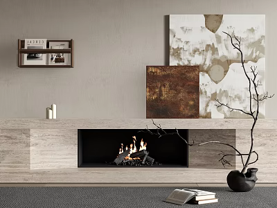 Modern Fireplace Interior With Marble Surround Burning Fire Decorative Paintings Bookshelf And Dried Branch Decor 3d model