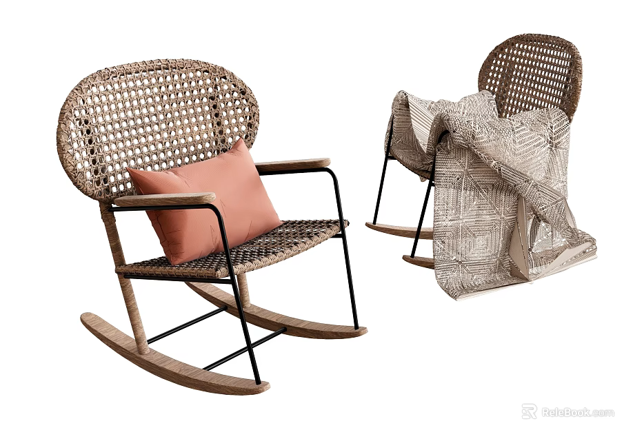 Rattan Leisure Rocking Chair With Pink Cushion Black Metal Frame And Geometric Pattern Blanket 3d model 