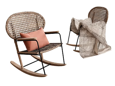 Rattan Leisure Rocking Chair With Pink Cushion Black Metal Frame And Geometric Pattern Blanket 3d model