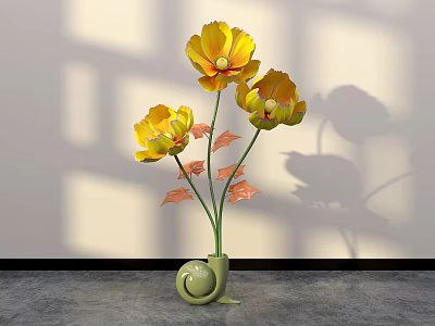 Floral Display Featuring Yellow Flowers in Green Snail Shaped Vase with Light Wall Shadow 3d model