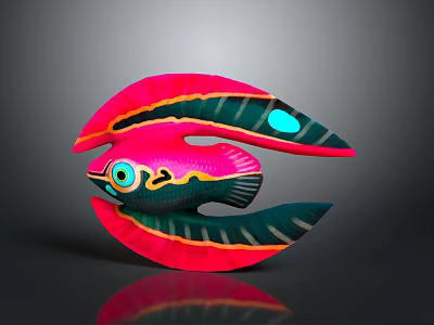 Colorful Fish Character Sculpture With Vibrant Pink Green Blue Wings 3d model