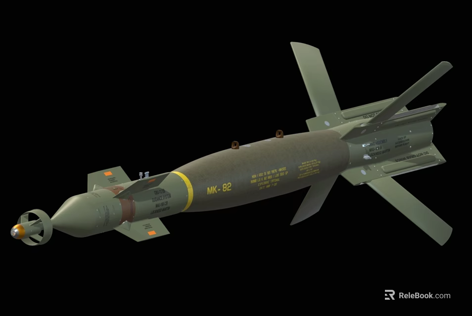 MK 82 Aerial Bomb Military Weapon With Green Body Yellow Ring Tail Fins And Warhead 3d model 