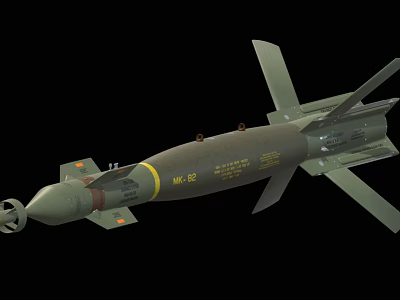 MK 82 Aerial Bomb Military Weapon With Green Body Yellow Ring Tail Fins And Warhead 3d model