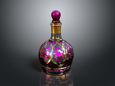 Decorative Daily Use Bottle with Purple Top Golden Neck Colorful Enamel and Gemstone Inlays 3d model