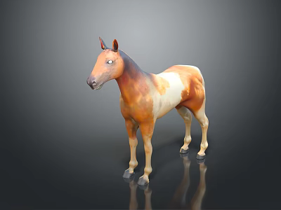 Brown And White Standing Horse Model With Shiny Black Background Reflection 3d model