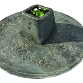 Garden Ornament Featuring Square Stone Water Feature On Circular Cracked Pavement 3d model