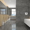 Modern Public Toilet Interior With Wooden Cubicles Gray Walls And Tile Floor