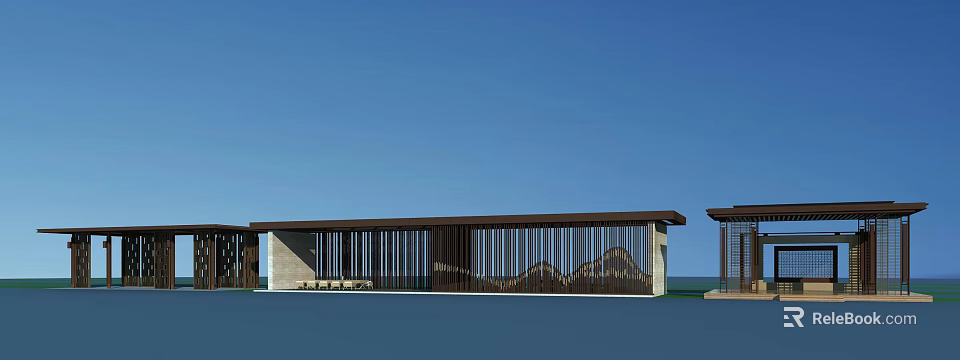 Modern Slatted Pergola Design With Wooden Structure And Mountain View Under Blue Sky 3d model 