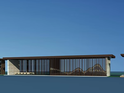 Modern Slatted Pergola Design With Wooden Structure And Mountain View Under Blue Sky 3d model