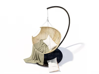 Modern Rattan Hanging Chair With White Cushion Green Blanket And Black Curved Frame 3d model