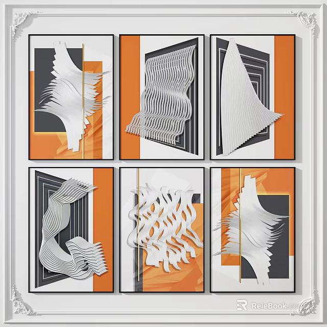 Abstract Geometric Decorative Paintings With Orange Black White Wavy Lines And Frames 3d model