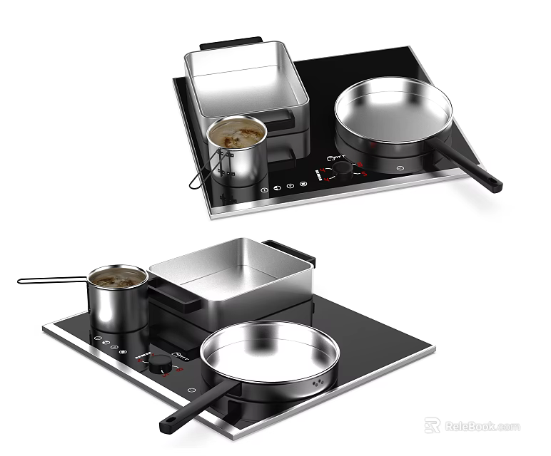 Modern Kitchen Induction Cooktop With Stainless Steel Pots And Frying Pan 3d model 