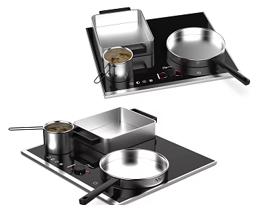 Modern Kitchen Induction Cooktop With Stainless Steel Pots And Frying Pan 3d model