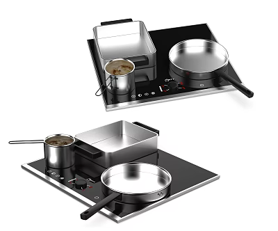 Modern Kitchen Induction Cooktop With Stainless Steel Pots And Frying Pan 3d model