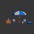 Colorful Striped Outdoor Beach Chairs With Umbrellas Life Rings And Sandcastle