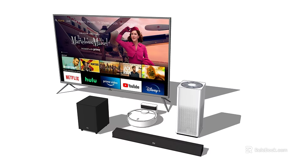 Modern Smart TV with Streaming Services Soundbar Speakers and Robot Vacuum 3d model 
