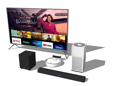 Modern Smart TV with Streaming Services Soundbar Speakers and Robot Vacuum 3d model