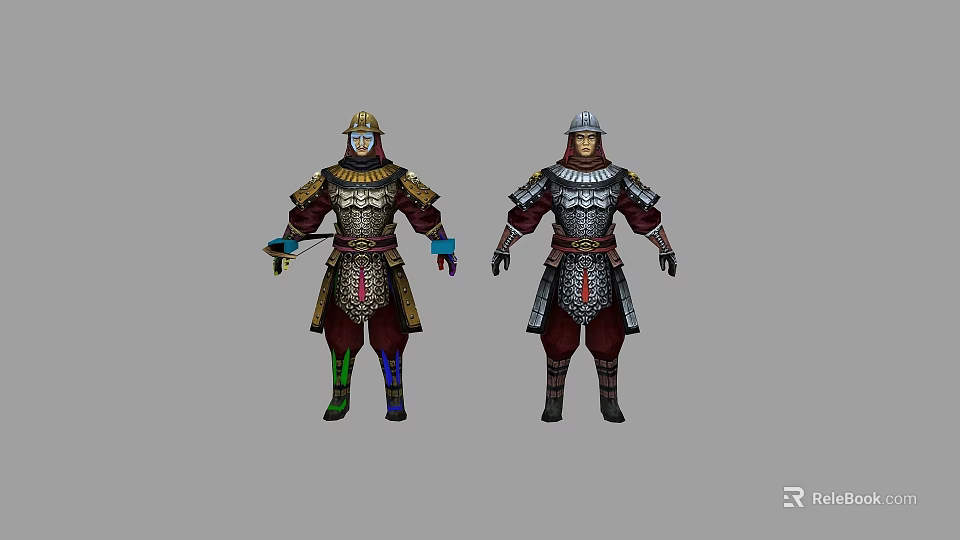 Game Movie Characters in Gold and Silver Armored Suits with Red Robes and Helmets 3d model 