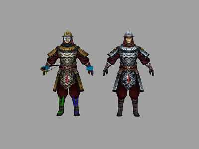 Game Movie Characters in Gold and Silver Armored Suits with Red Robes and Helmets 3d model