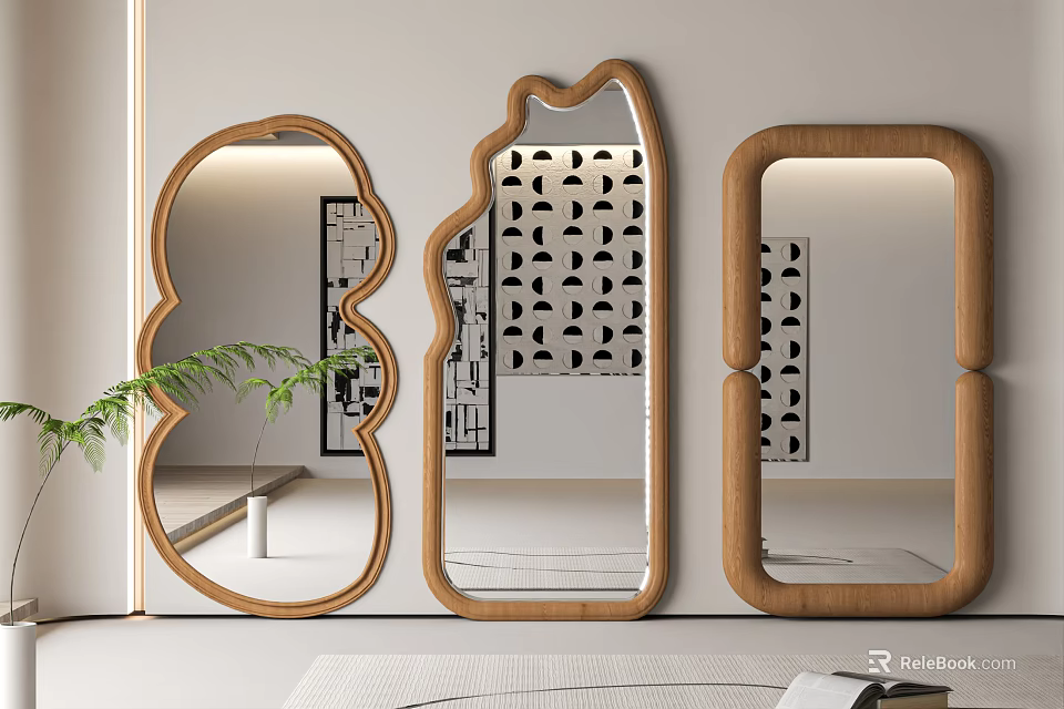Decorative Wooden Framed Mirrors With Various Shapes For Interior Wall Decor And Plant Accent 3d model 